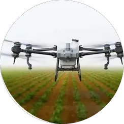 Agricultural spray drone applying inputs over crop rows